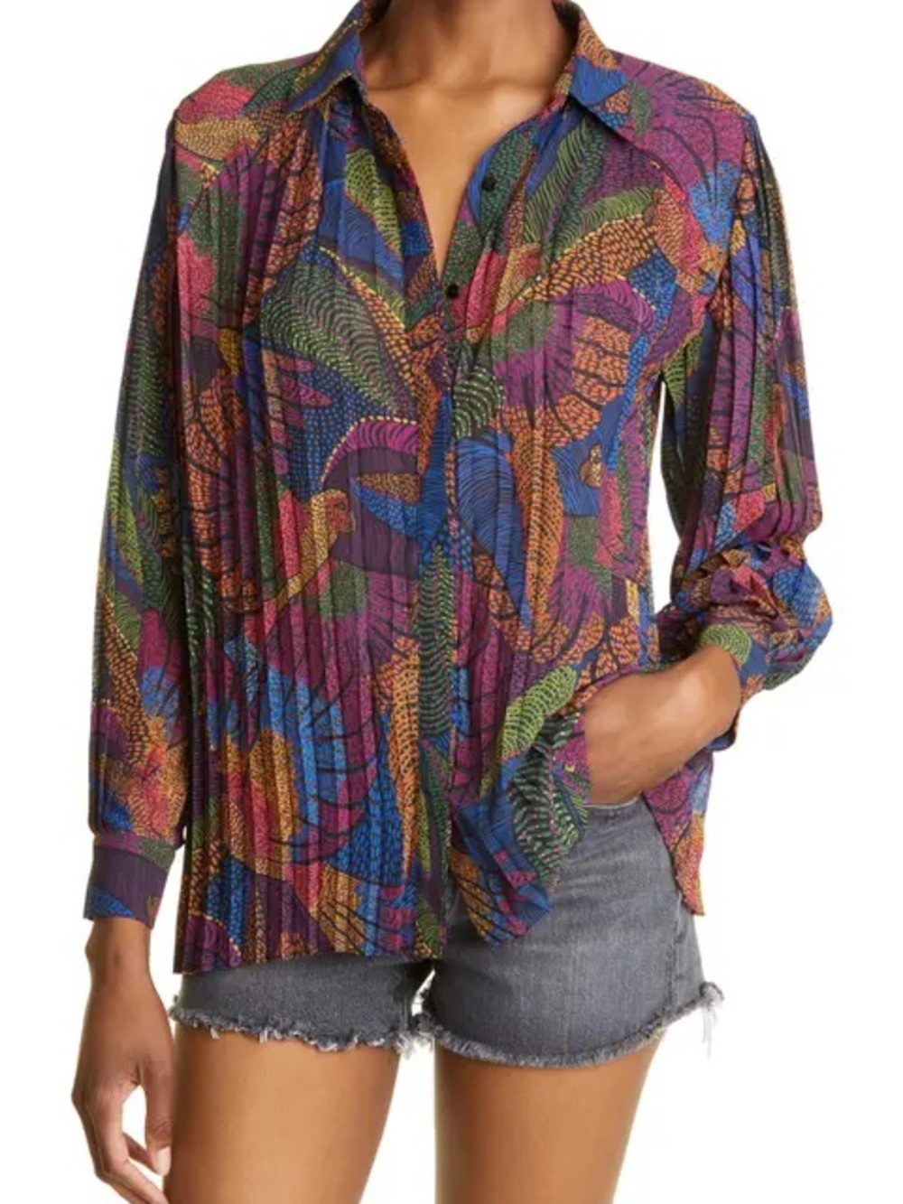 Farm Rio Dotted Macaws Pleated Button-Up